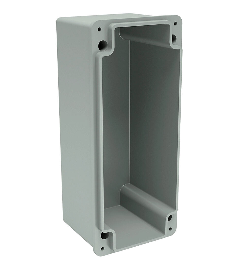 AttaBox Commander series pushbutton enclosure, 4 holes, 22mm, NEMA 1/3R/4X/6P/12, 8 x 4 x 4in (HxWxD), wall mount, fiberglass reinforced polyester, gray, screw cover.-CO4PB22