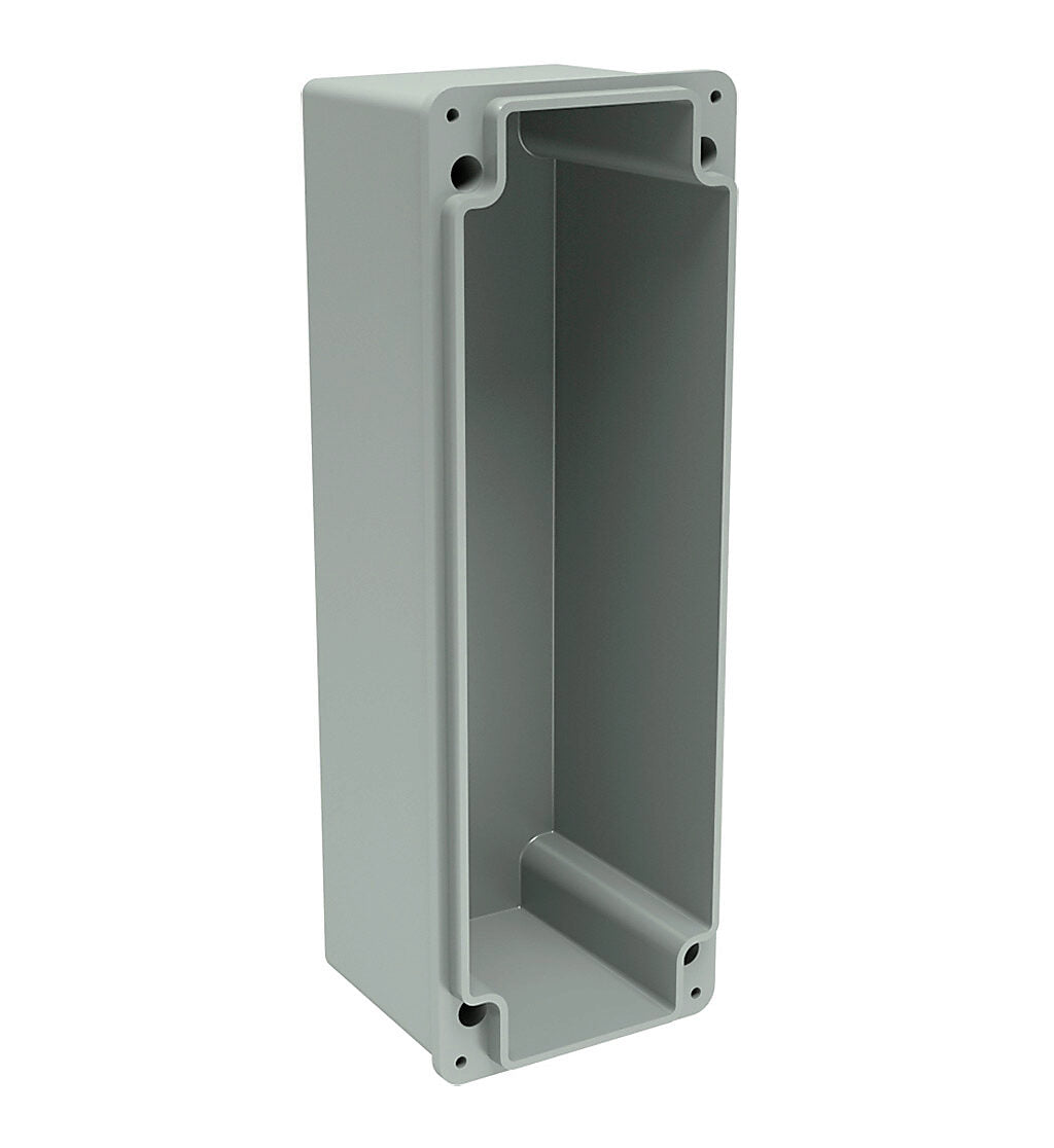 AttaBox Commander series pushbutton enclosure, 4 holes, 30mm, NEMA 1/3R/4X/6P/12, 11 x 4 x 4in (HxWxD), wall mount, fiberglass reinforced polyester, gray, screw cover.-CO4PB