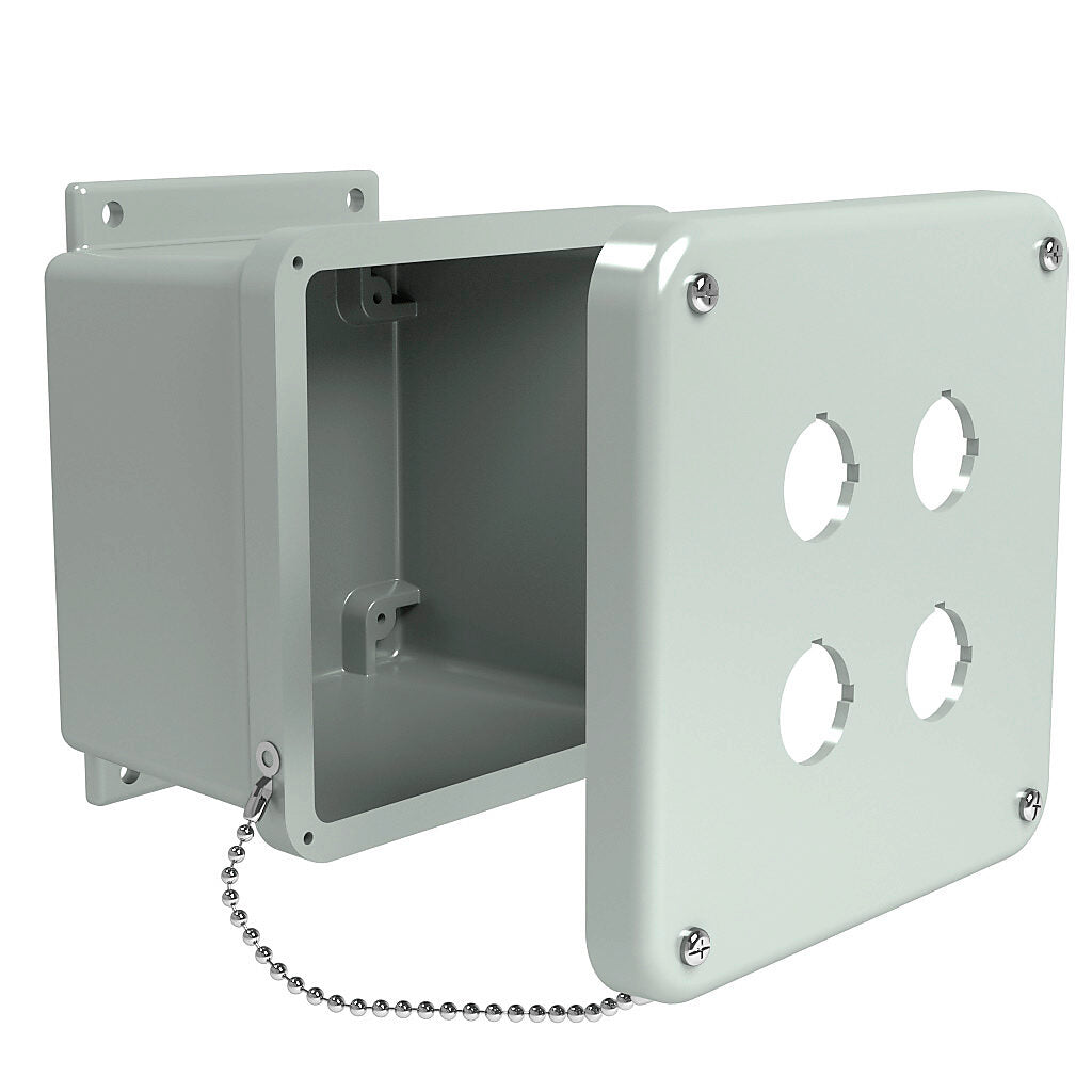AttaBox Commander series pushbutton enclosure, 4 holes, 30mm, NEMA 1/3R/4X/6P/12, 7 x 7 x 4in (HxWxD), wall mount, fiberglass reinforced polyester, gray, screw cover.-CO4PBW