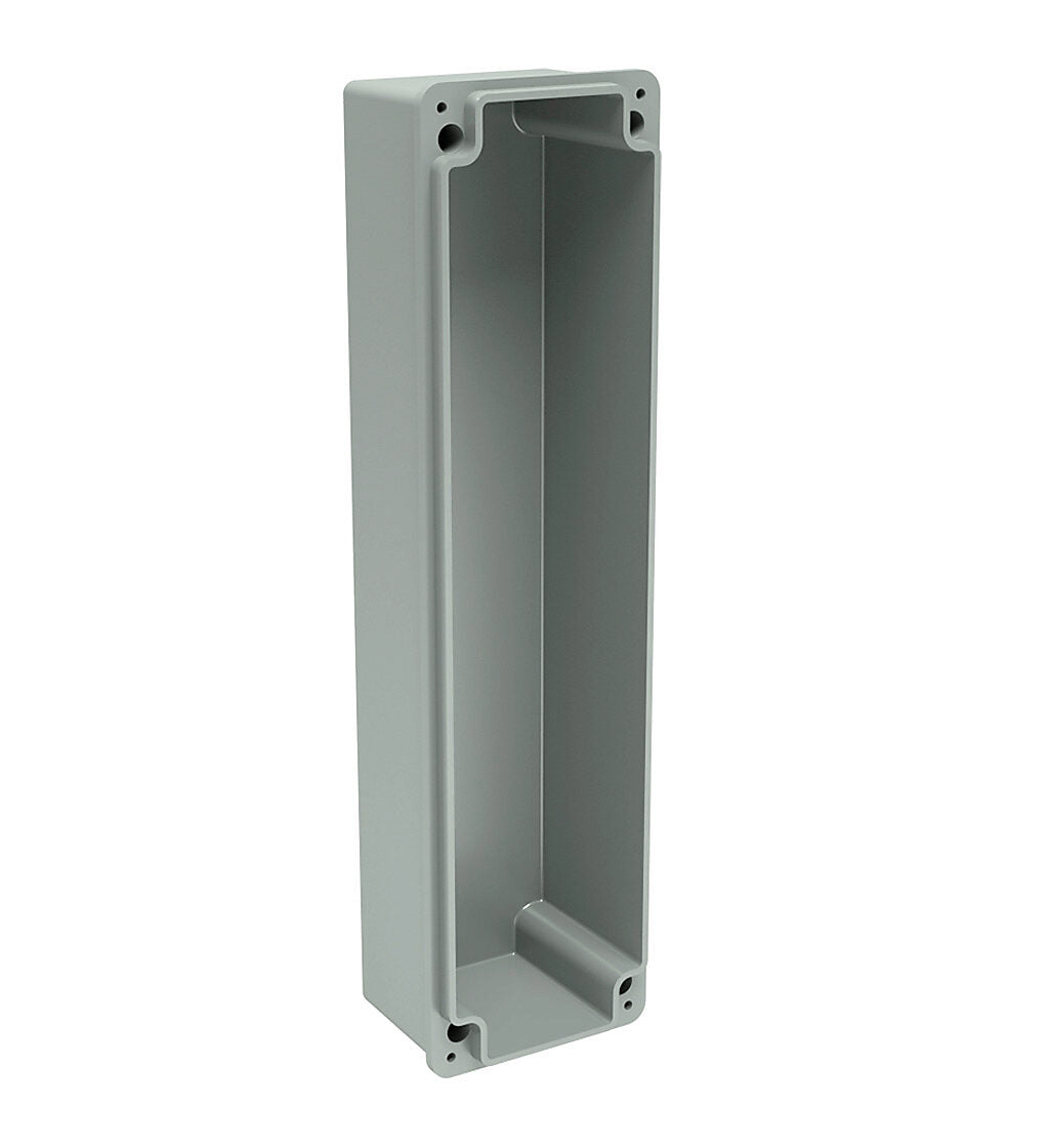 AttaBox Commander series pushbutton enclosure, 5 holes, 30mm, NEMA 1/3R/4X/6P/12, 14 x 3 x 2in (HxWxD), wall mount, fiberglass reinforced polyester, gray, screw cover.-CO5PB