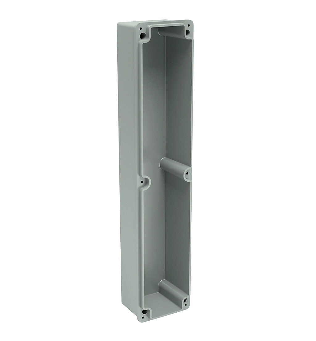 AttaBox Commander series pushbutton enclosure, 6 holes, 30mm, NEMA 1/3R/4X/6P/12, 17 x 3 x 2in (HxWxD), wall mount, fiberglass reinforced polyester, gray, screw cover.-CO6PB