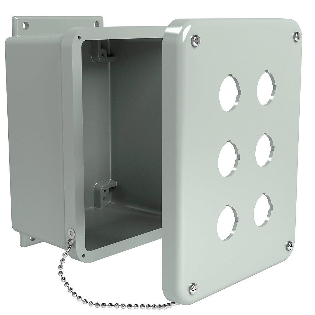 AttaBox Commander series pushbutton enclosure, 6 holes, 30mm, NEMA 1/3R/4X/6P/12, 9 x 7 x 4in (HxWxD), wall mount, fiberglass reinforced polyester, gray, screw cover.-CO6PBW
