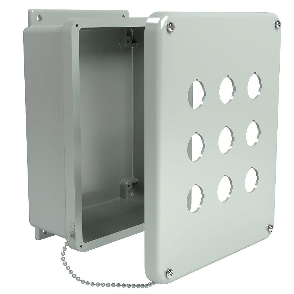 AttaBox Commander series pushbutton enclosure, 9 holes, 30mm, NEMA 1/3R/4X/6P/12, 11 x 9 x 4in (HxWxD), wall mount, fiberglass reinforced polyester, gray, screw cover.-CO9PBW