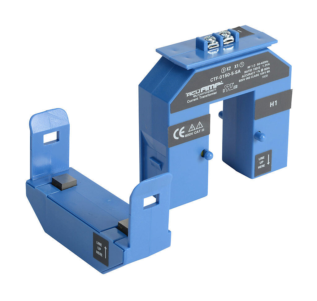 AcuAMP AC current transformer, split core, 150A primary, 5A secondary, 1.19 x 2.22in sensing window, 1.5% accuracy, screw terminal.-CTF-0150-5-SA