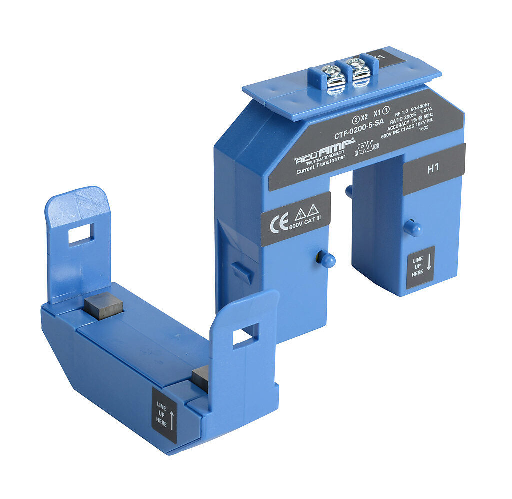 AcuAMP AC current transformer, split core, 200A primary, 5A secondary, 1.19 x 2.22in sensing window, 1% accuracy, screw terminal.-CTF-0200-5-SA
