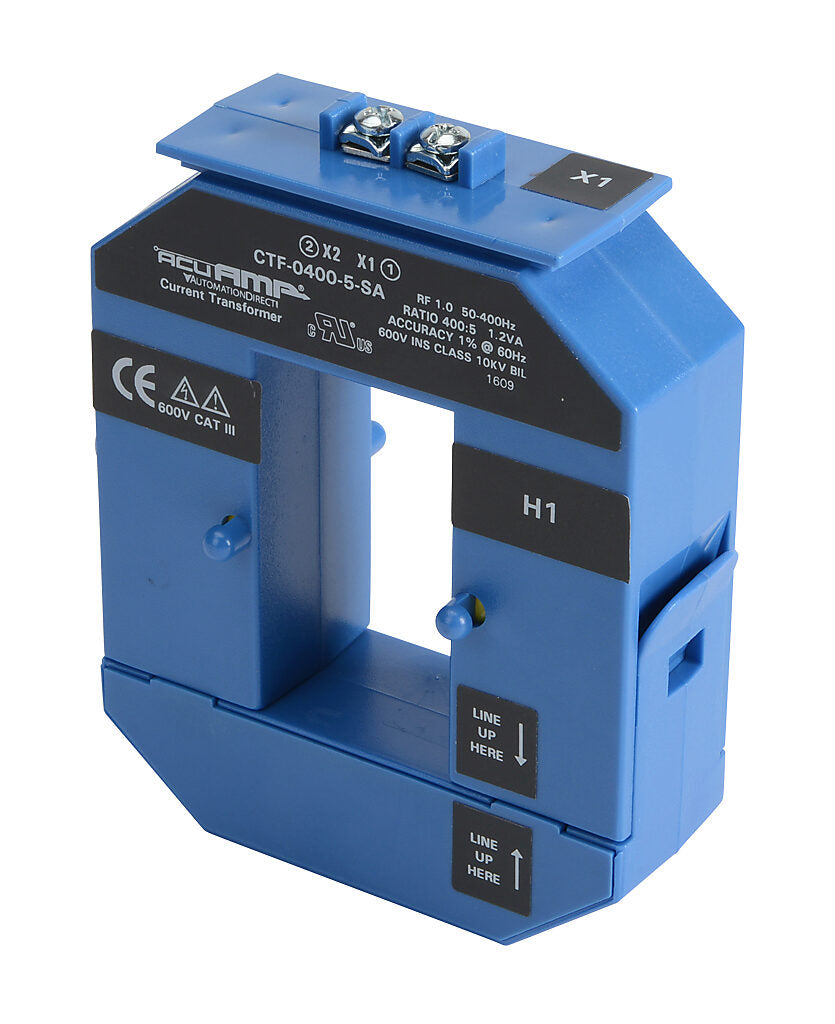 AcuAMP AC current transformer, split core, 400A primary, 5A secondary, 1.19 x 2.22in sensing window, 1% accuracy, screw terminal.-CTF-0400-5-SA