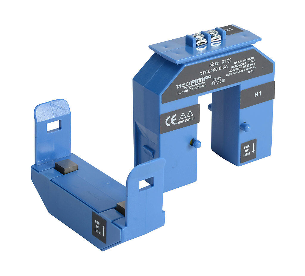 AcuAMP AC current transformer, split core, 400A primary, 5A secondary, 1.19 x 2.22in sensing window, 1% accuracy, screw terminal.-CTF-0400-5-SA