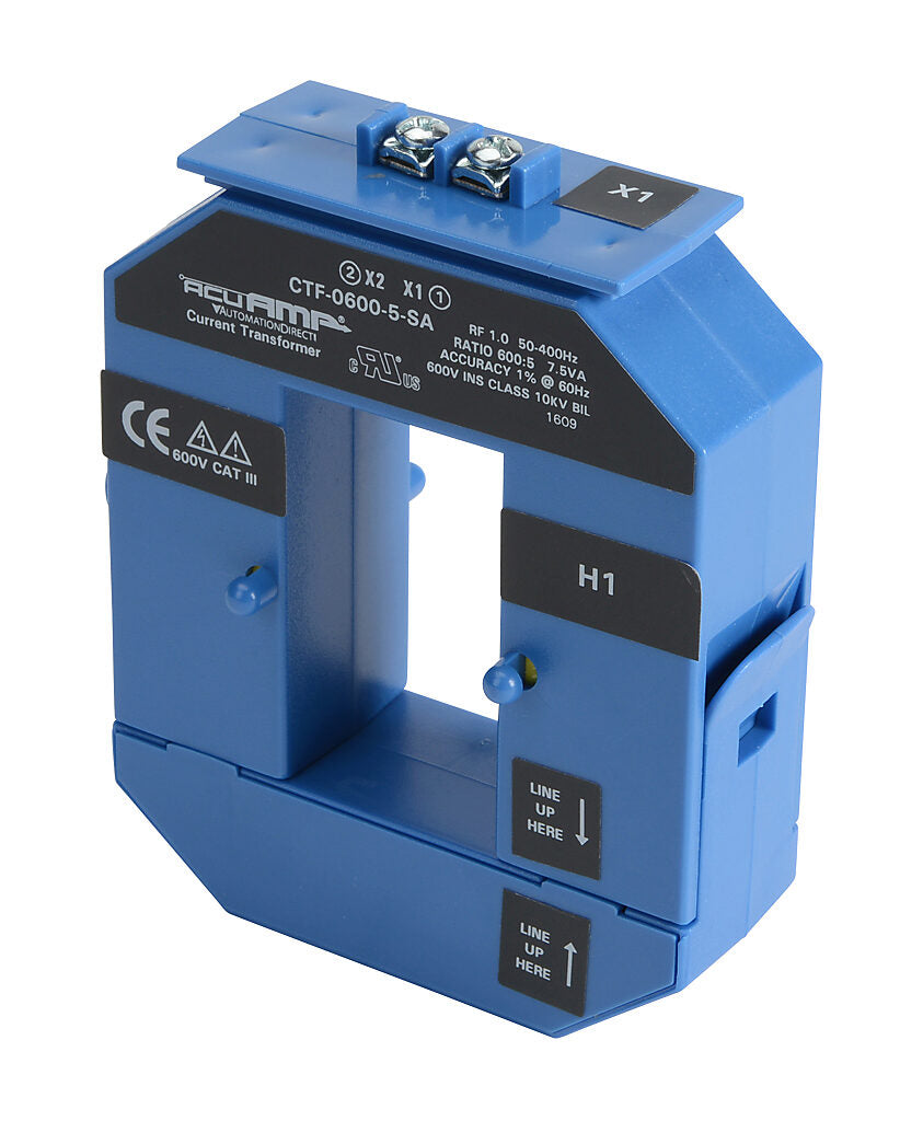 AcuAMP AC current transformer, split core, 600A primary, 5A secondary, 1.19 x 2.22in sensing window, 1% accuracy, screw terminal.-CTF-0600-5-SA