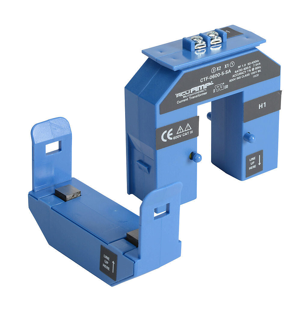 AcuAMP AC current transformer, split core, 600A primary, 5A secondary, 1.19 x 2.22in sensing window, 1% accuracy, screw terminal.-CTF-0600-5-SA