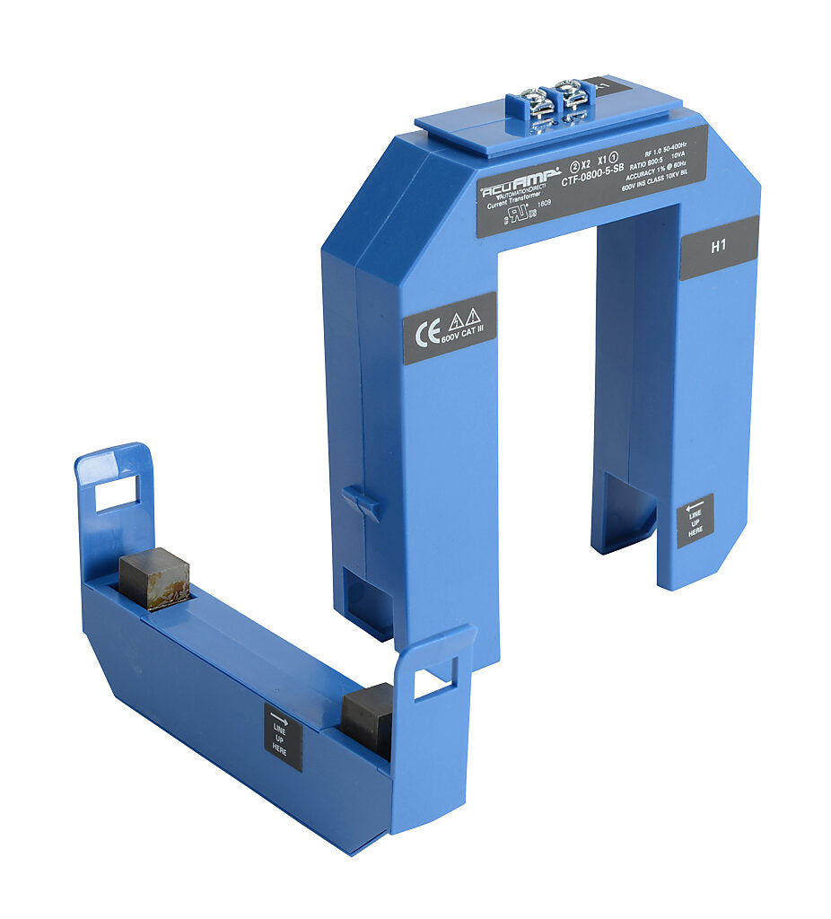 AcuAMP AC current transformer, split core, 800A primary, 5A secondary, 2.36 x 3.49in sensing window, 1% accuracy, screw terminal.-CTF-0800-5-SB