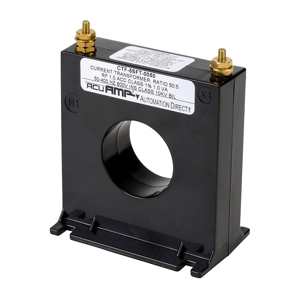 AcuAMP AC current transformer, solid core, 50A primary, 5A secondary, 1.56in diameter sensing window, 2% accuracy, M4 x 0.7 threaded terminal stud with nut.-CTF-5SFT-0050