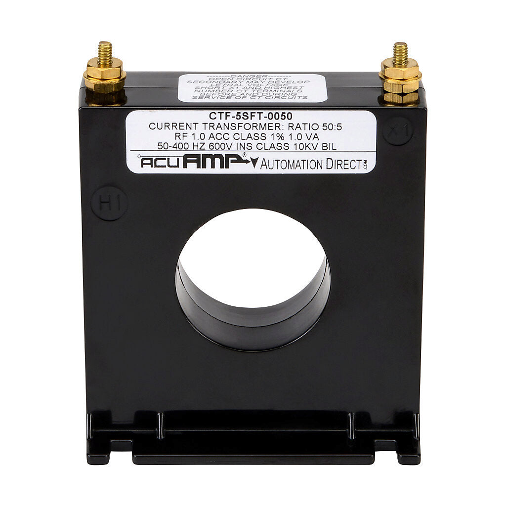 AcuAMP AC current transformer, solid core, 50A primary, 5A secondary, 1.56in diameter sensing window, 2% accuracy, M4 x 0.7 threaded terminal stud with nut.-CTF-5SFT-0050