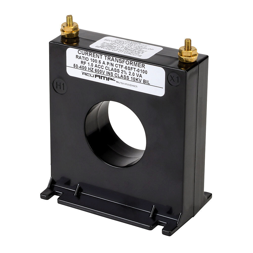 AcuAMP AC current transformer, solid core, 100A primary, 5A secondary, 1.56in diameter sensing window, 2% accuracy, M4 x 0.7 threaded terminal stud with nut.-CTF-5SFT-0100