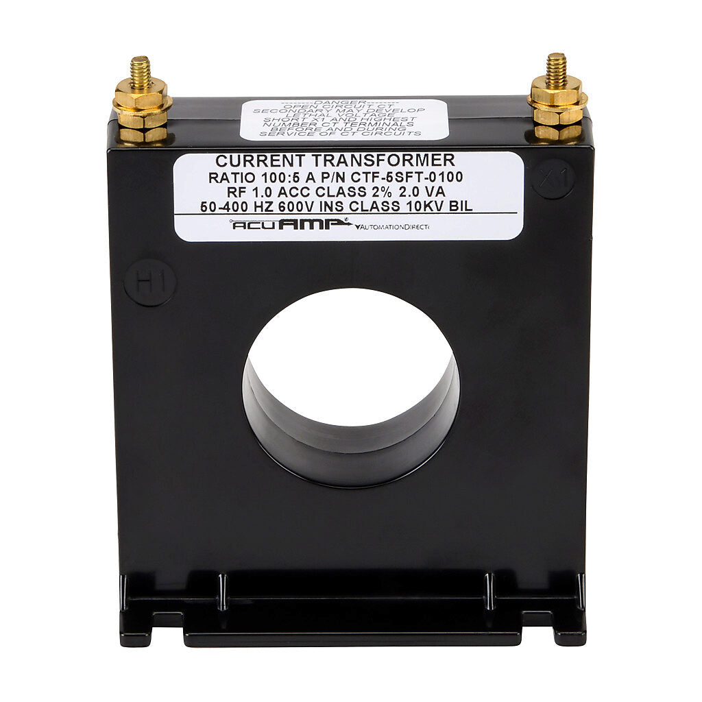 AcuAMP AC current transformer, solid core, 100A primary, 5A secondary, 1.56in diameter sensing window, 2% accuracy, M4 x 0.7 threaded terminal stud with nut.-CTF-5SFT-0100