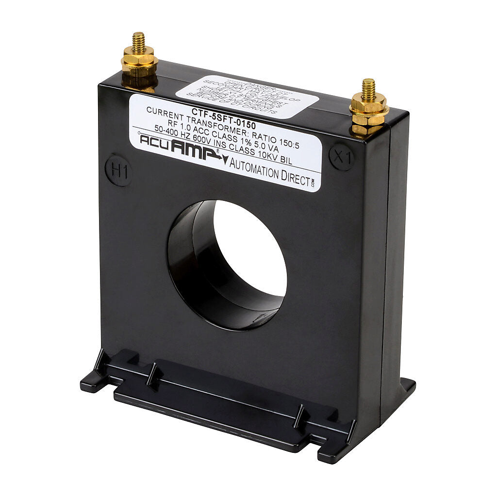 AcuAMP AC current transformer, solid core, 150A primary, 5A secondary, 1.56in diameter sensing window, 1% accuracy, M4 x 0.7 threaded terminal stud with nut.-CTF-5SFT-0150