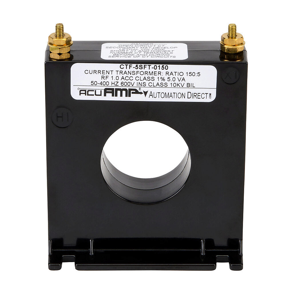 AcuAMP AC current transformer, solid core, 150A primary, 5A secondary, 1.56in diameter sensing window, 1% accuracy, M4 x 0.7 threaded terminal stud with nut.-CTF-5SFT-0150