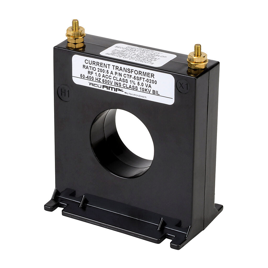 AcuAMP AC current transformer, solid core, 200A primary, 5A secondary, 1.56in diameter sensing window, 1% accuracy, M4 x 0.7 threaded terminal stud with nut.-CTF-5SFT-0200