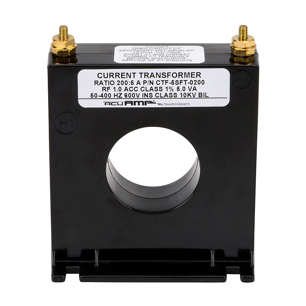 AcuAMP AC current transformer, solid core, 200A primary, 5A secondary, 1.56in diameter sensing window, 1% accuracy, M4 x 0.7 threaded terminal stud with nut.-CTF-5SFT-0200