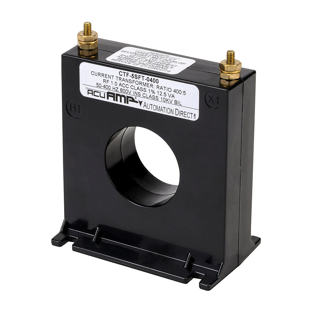 AcuAMP AC current transformer, solid core, 400A primary, 5A secondary, 1.56in diameter sensing window, 1% accuracy, M4 x 0.7 threaded terminal stud with nut.-CTF-5SFT-0400