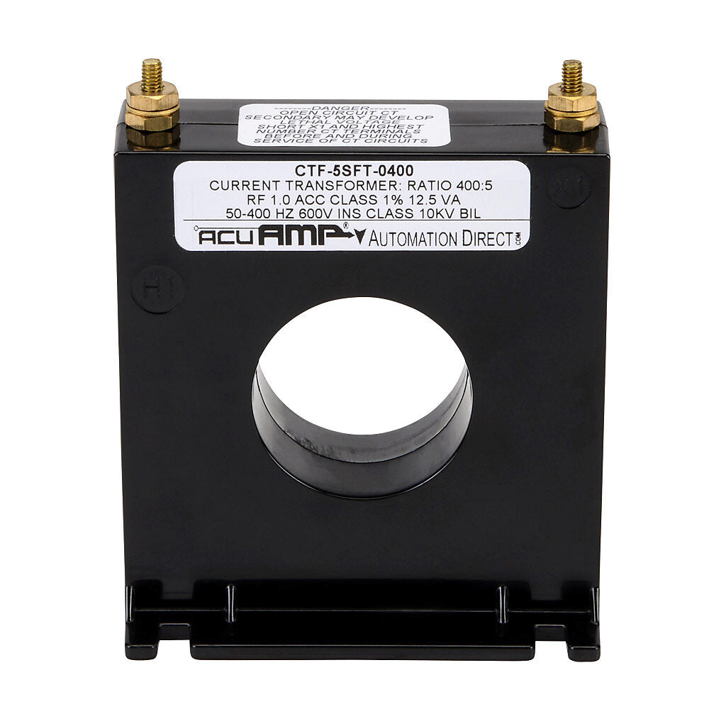 AcuAMP AC current transformer, solid core, 400A primary, 5A secondary, 1.56in diameter sensing window, 1% accuracy, M4 x 0.7 threaded terminal stud with nut.-CTF-5SFT-0400