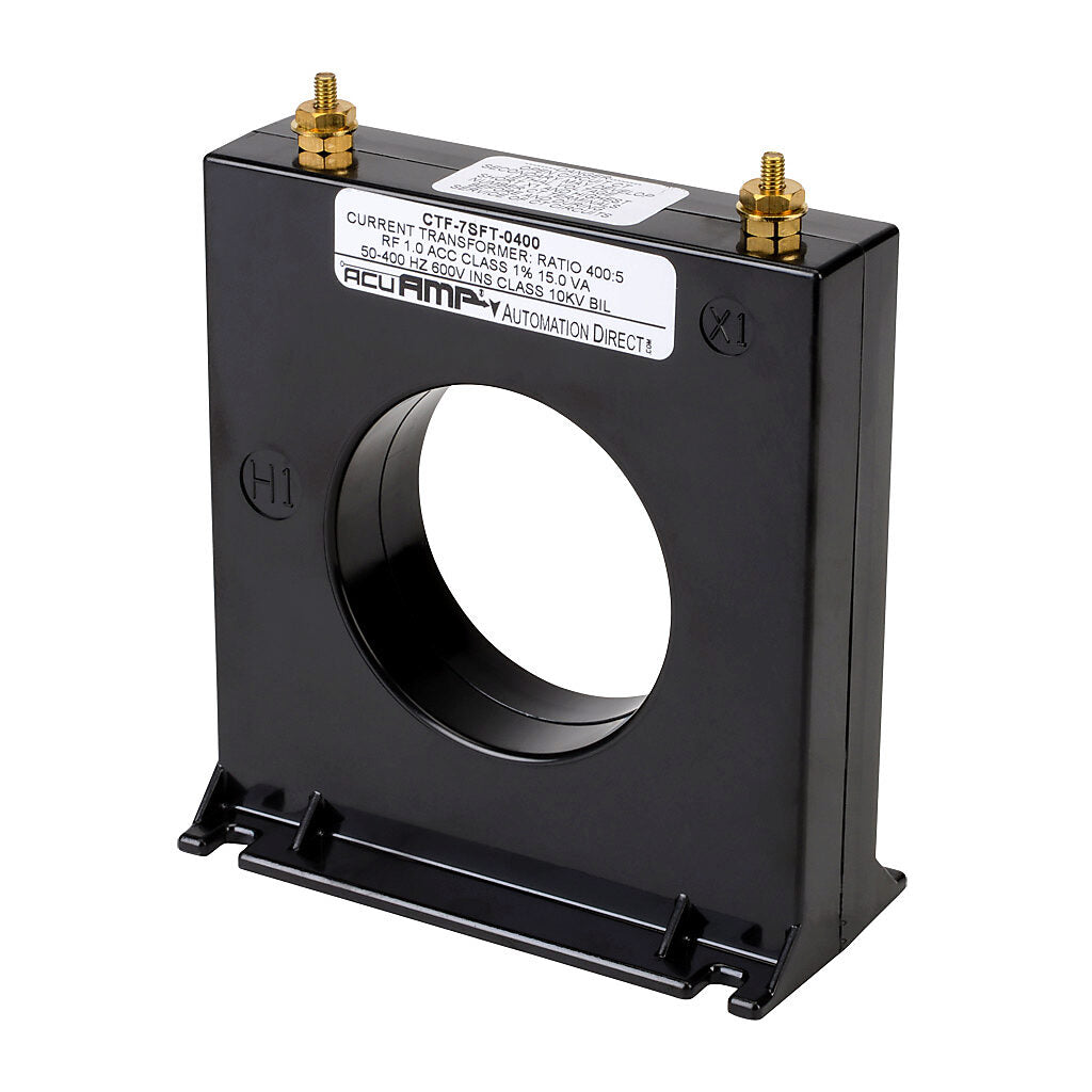 AcuAMP AC current transformer, solid core, 400A primary, 5A secondary, 2.5in diameter sensing window, 1% accuracy, M4 x 0.7 threaded terminal stud with nut.-CTF-7SFT-0400