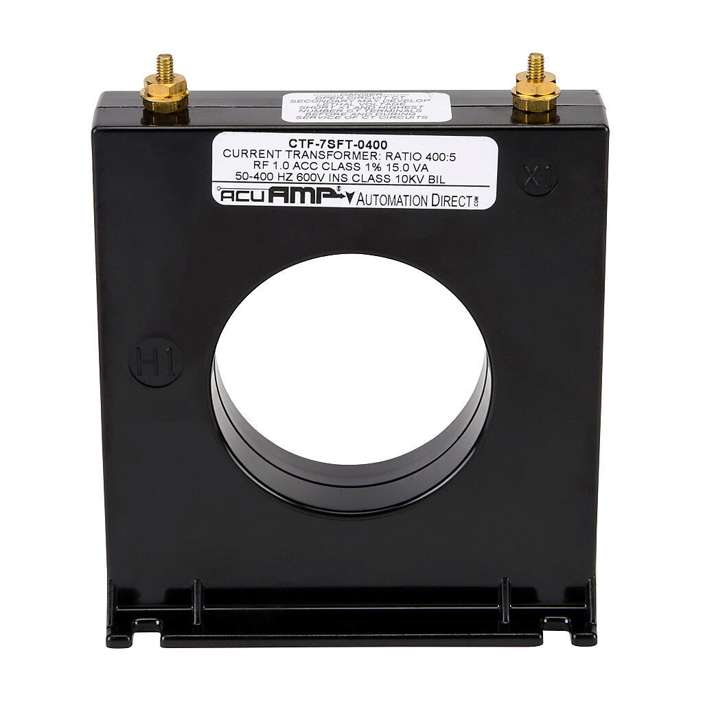 AcuAMP AC current transformer, solid core, 400A primary, 5A secondary, 2.5in diameter sensing window, 1% accuracy, M4 x 0.7 threaded terminal stud with nut.-CTF-7SFT-0400