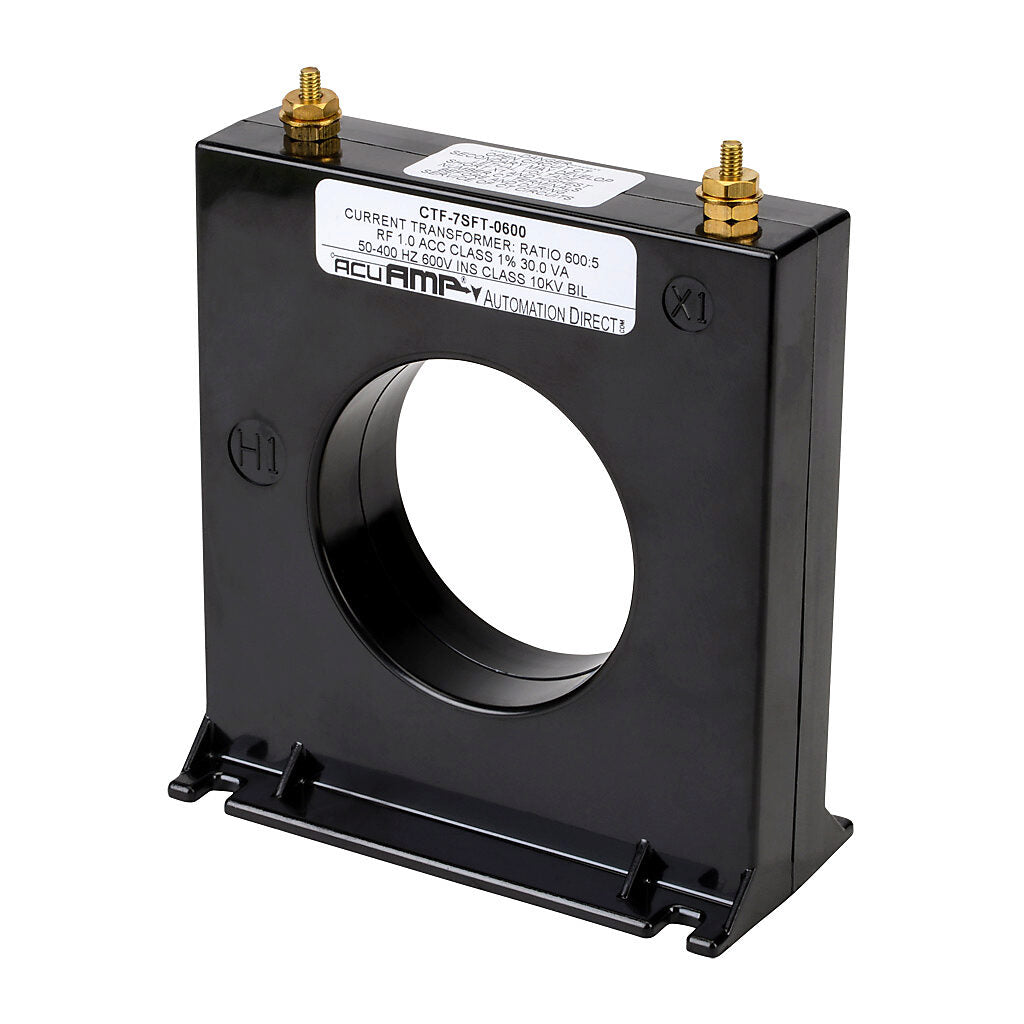 AcuAMP AC current transformer, solid core, 600A primary, 5A secondary, 2.5in diameter sensing window, 1% accuracy, M4 x 0.7 threaded terminal stud with nut.-CTF-7SFT-0600