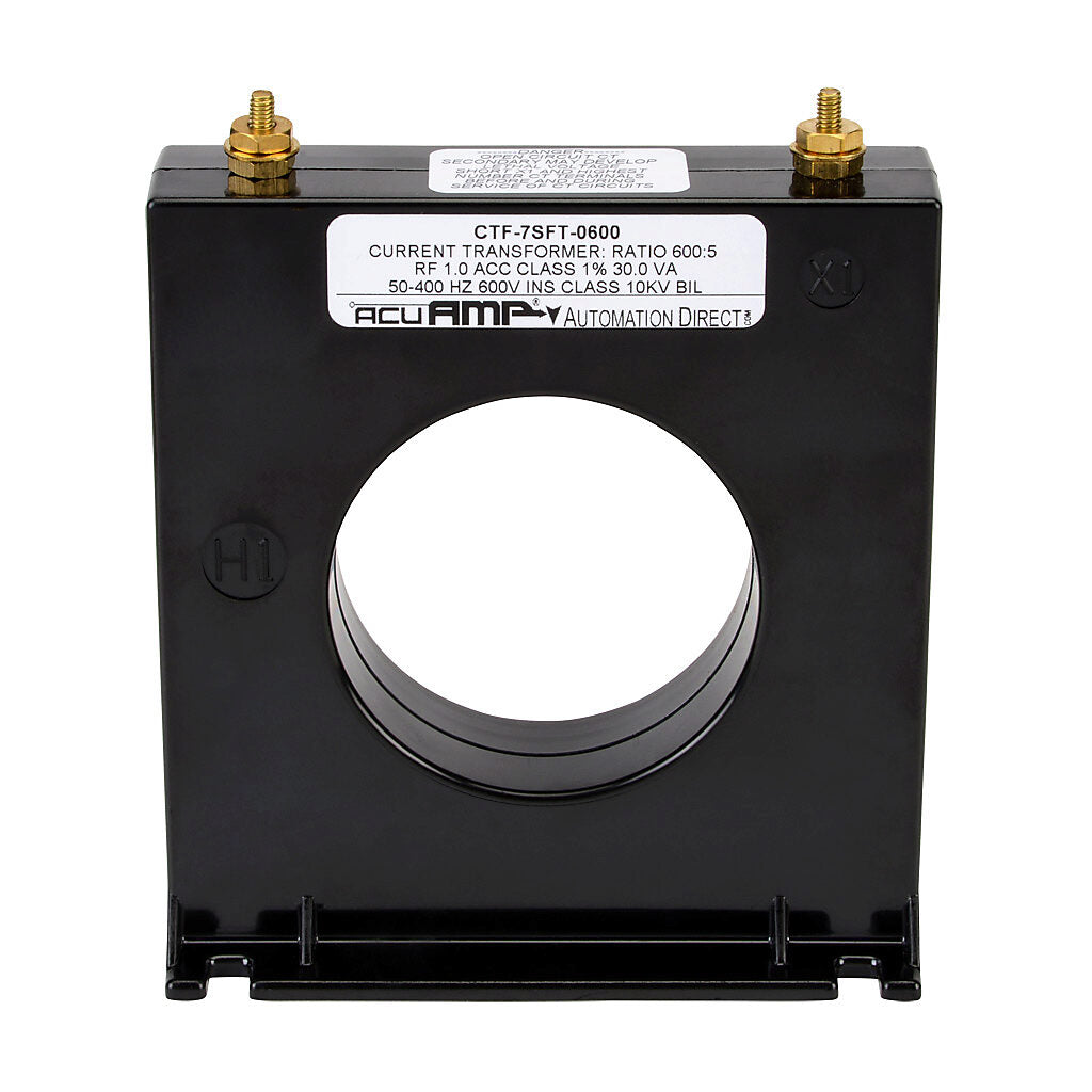AcuAMP AC current transformer, solid core, 600A primary, 5A secondary, 2.5in diameter sensing window, 1% accuracy, M4 x 0.7 threaded terminal stud with nut.-CTF-7SFT-0600