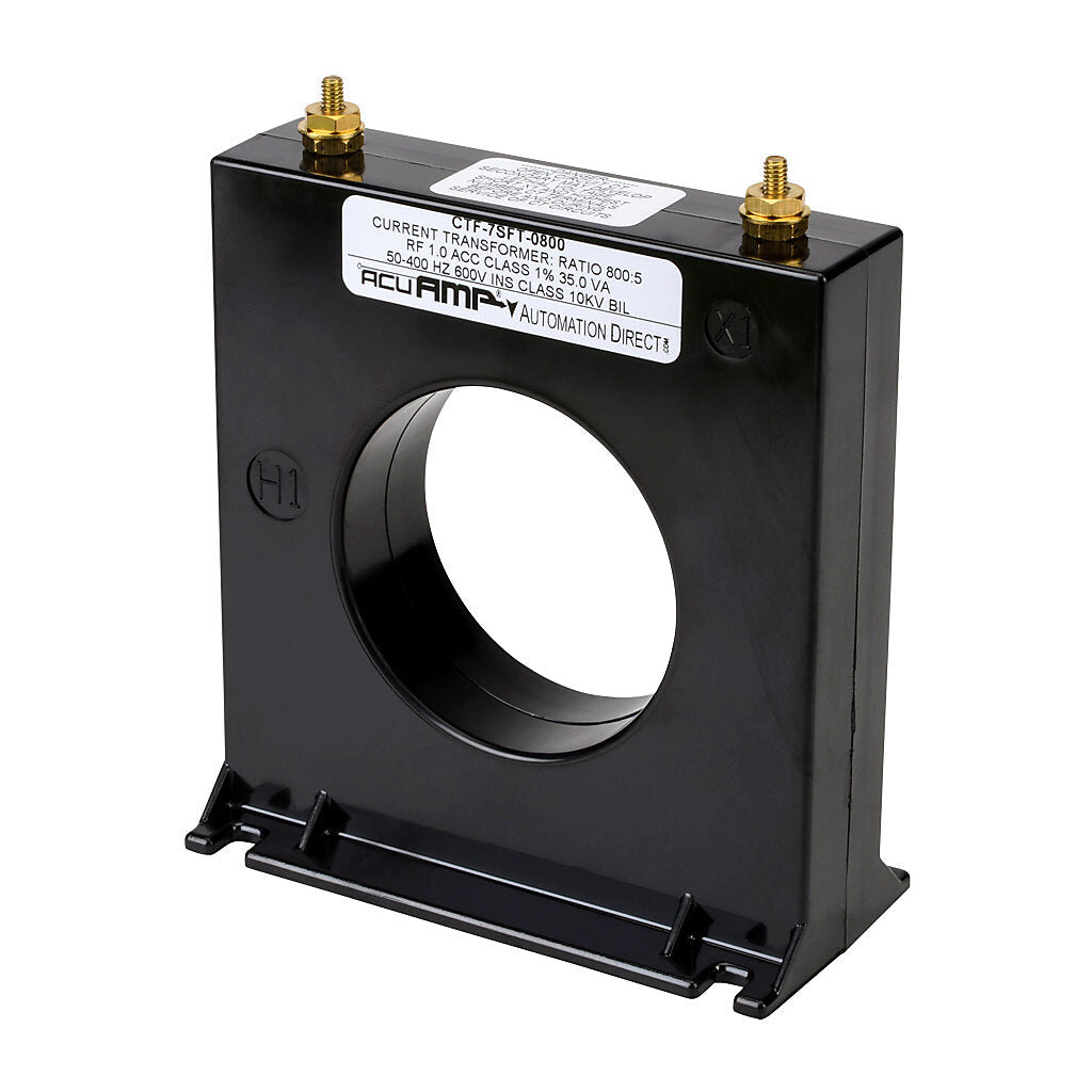 AcuAMP AC current transformer, solid core, 800A primary, 5A secondary, 2.5in diameter sensing window, 1% accuracy, M4 x 0.7 threaded terminal stud with nut.-CTF-7SFT-0800