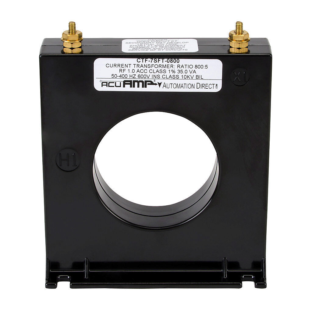 AcuAMP AC current transformer, solid core, 800A primary, 5A secondary, 2.5in diameter sensing window, 1% accuracy, M4 x 0.7 threaded terminal stud with nut.-CTF-7SFT-0800