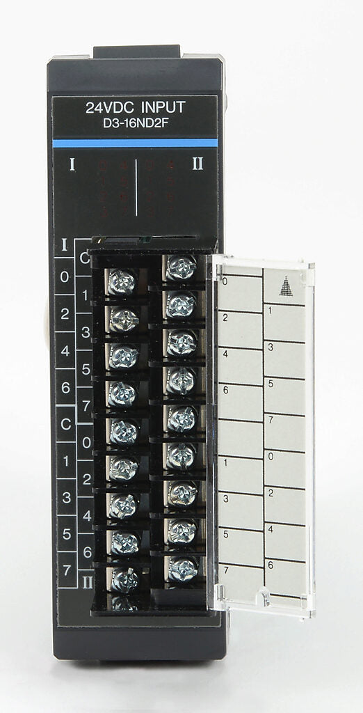 16-point 24VDC fast response (0.8 ms) current sourcing input module, 2 commons (internally connected), removable terminal.-D3-16ND2F