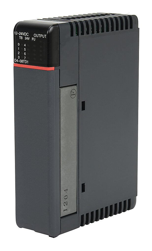 8-point 12-24 VDC current sinking output module, 2 commons (internally connected), 2A/point, 5A/common, removable terminal.-D4-08TD1