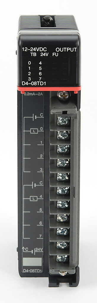 8-point 12-24 VDC current sinking output module, 2 commons (internally connected), 2A/point, 5A/common, removable terminal.-D4-08TD1