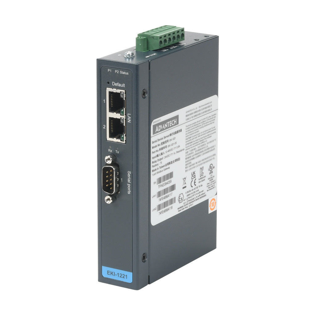 Advantech Modbus gateway, serial Master/Slave and Ethernet Client/Server, (2) Ethernet 10/100Base-T (RJ45) and (1) RS-232/422/485 (9-pin D-sub male) port(s), (64) simultaneous Ethernet connections, (32) serial device(s), 12-48 VDC required.-EKI-1221-CE