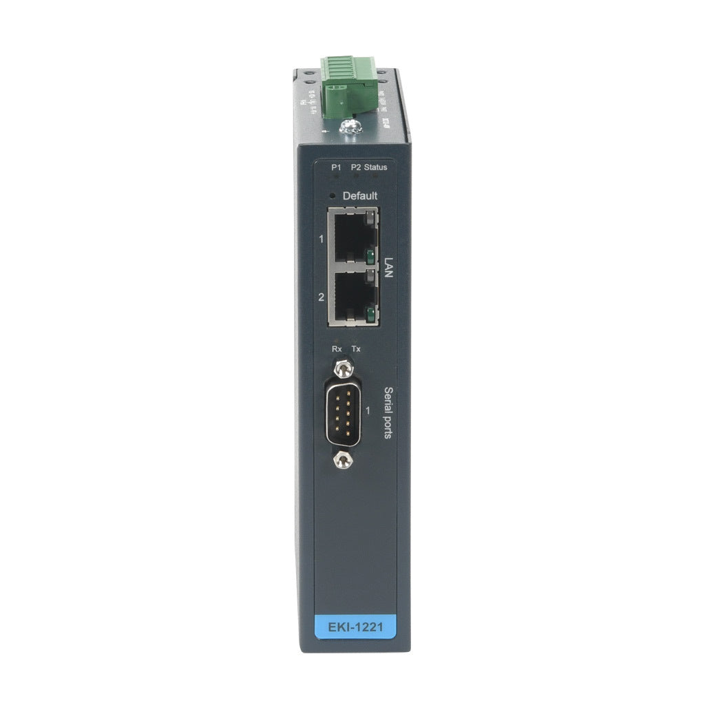 Advantech Modbus gateway, serial Master/Slave and Ethernet Client/Server, (2) Ethernet 10/100Base-T (RJ45) and (1) RS-232/422/485 (9-pin D-sub male) port(s), (64) simultaneous Ethernet connections, (32) serial device(s), 12-48 VDC required.-EKI-1221-CE