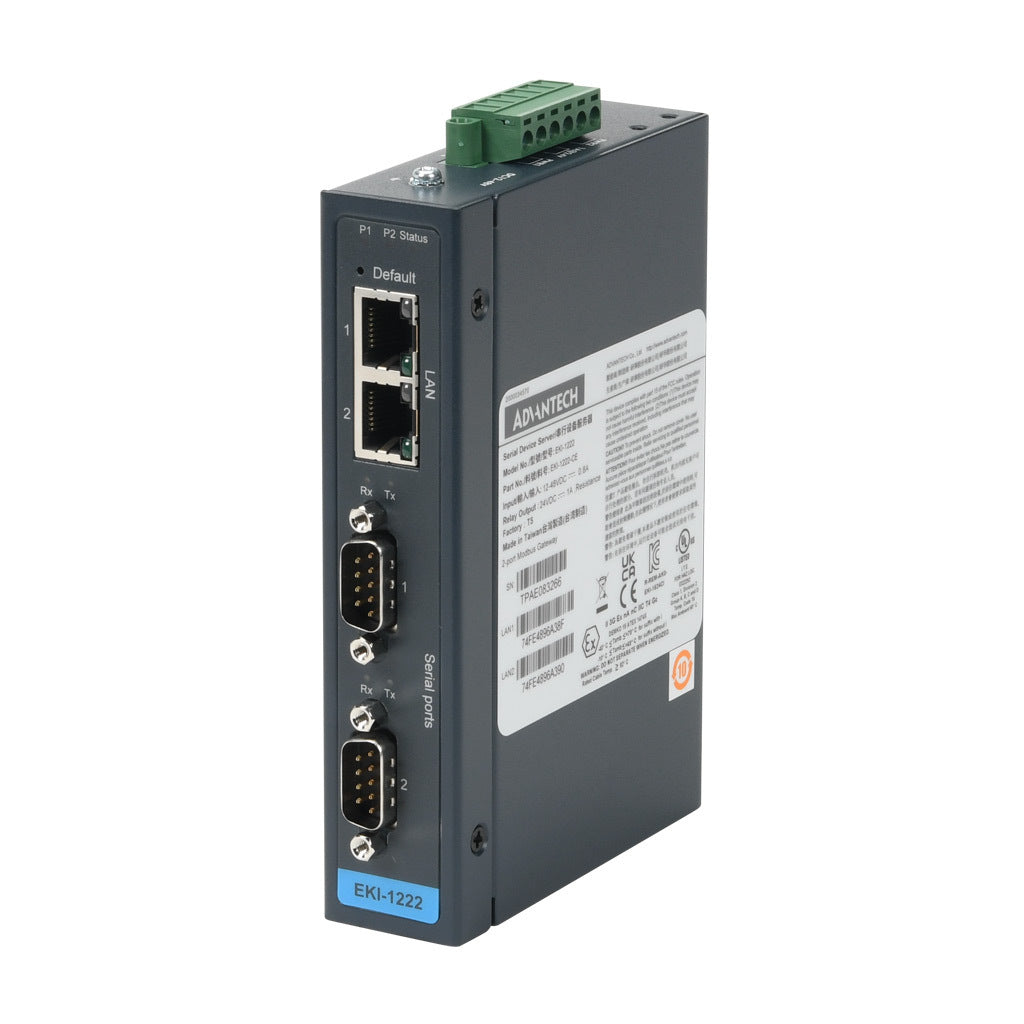 Advantech Modbus gateway, serial Master/Slave and Ethernet Client/Server, (2) Ethernet 10/100Base-T (RJ45) and (2) RS-232/422/485 (9-pin D-sub male) port(s), (64) simultaneous Ethernet connections, (64) serial device(s), 12-48 VDC required.-EKI-1222-CE