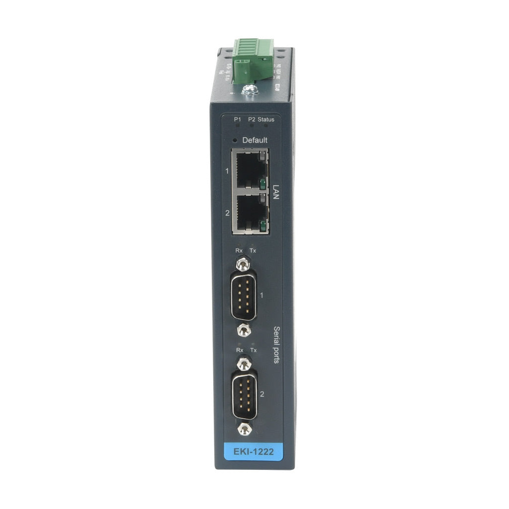 Advantech Modbus gateway, serial Master/Slave and Ethernet Client/Server, (2) Ethernet 10/100Base-T (RJ45) and (2) RS-232/422/485 (9-pin D-sub male) port(s), (64) simultaneous Ethernet connections, (64) serial device(s), 12-48 VDC required.-EKI-1222-CE