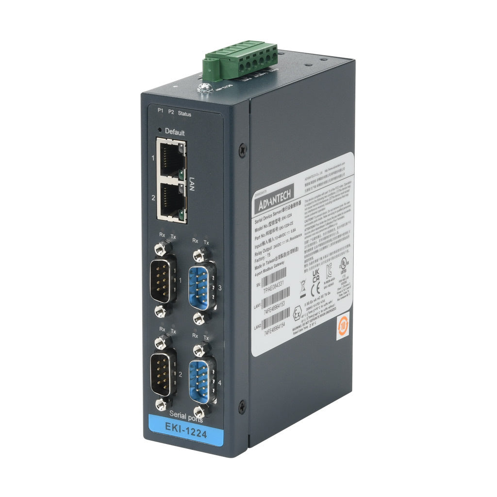 Advantech Modbus gateway, serial Master/Slave and Ethernet Client/Server, (2) Ethernet 10/100Base-T (RJ45) and (4) RS-232/422/485 (9-pin D-sub male) port(s), (64) simultaneous Ethernet connections, (128) serial device(s), 12-48 VDC required.-EKI-1224-CE