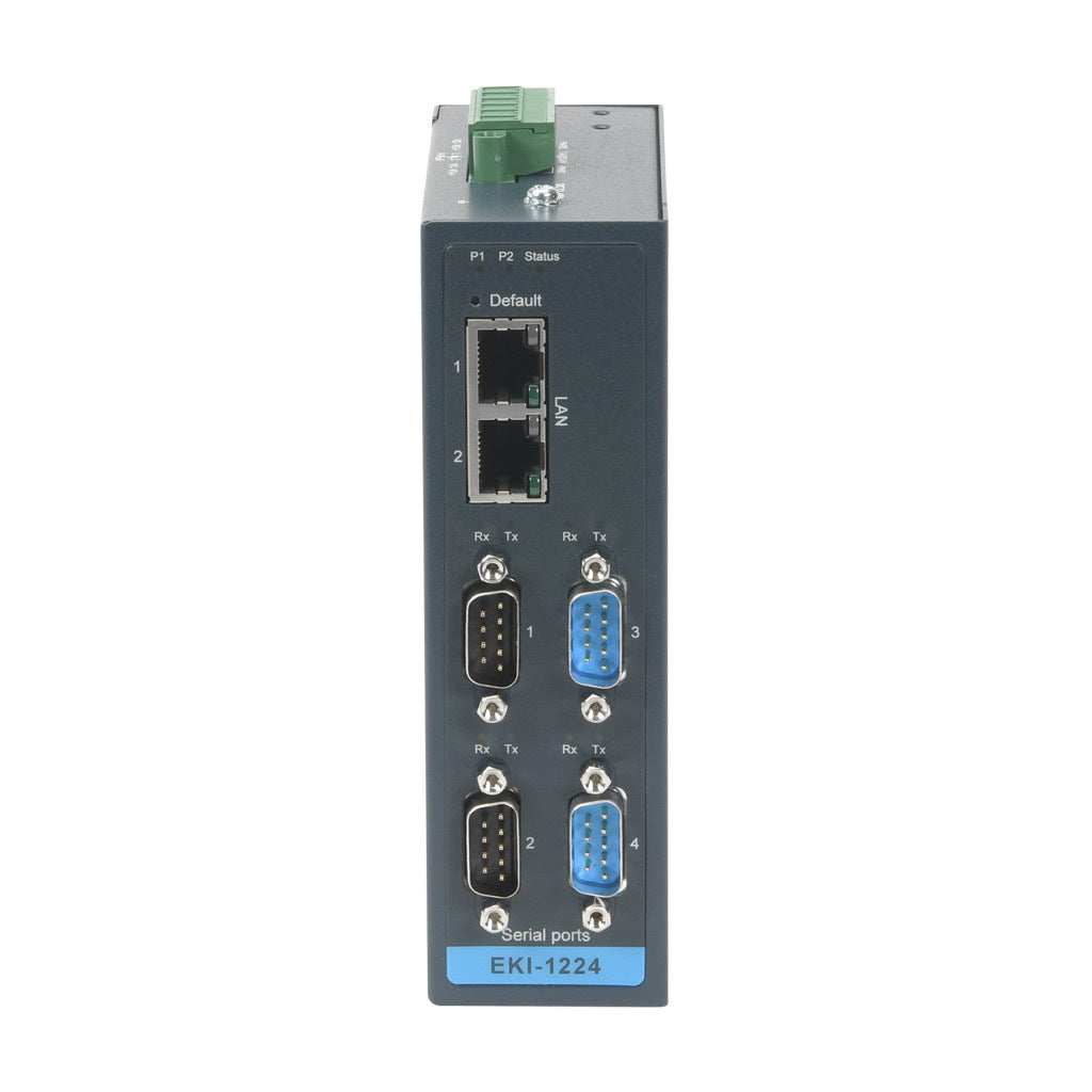 Advantech Modbus gateway, serial Master/Slave and Ethernet Client/Server, (2) Ethernet 10/100Base-T (RJ45) and (4) RS-232/422/485 (9-pin D-sub male) port(s), (64) simultaneous Ethernet connections, (128) serial device(s), 12-48 VDC required.-EKI-1224-CE