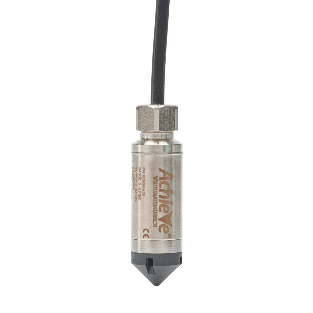 AchieVe hydrostatic submersible level transmitter, 0 to 5 psig (11.5ft of water column) sensing range, Output: 1-channel, output current signal range(s) of 4-20 mA, 0.825in diameter housing, shielded and vented 30ft cable.-ELT-005-L30