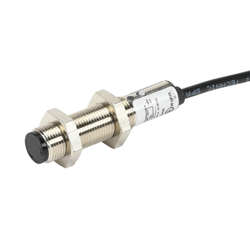 AchieVe photoelectric sensor, tubular, threaded, diffuse, infrared, 100mm sensing distance, selectable light-on/dark-on, NPN, 1 kHz switching frequency, teach-in button, metal housing, pigtail.-FDM3-0N-1A