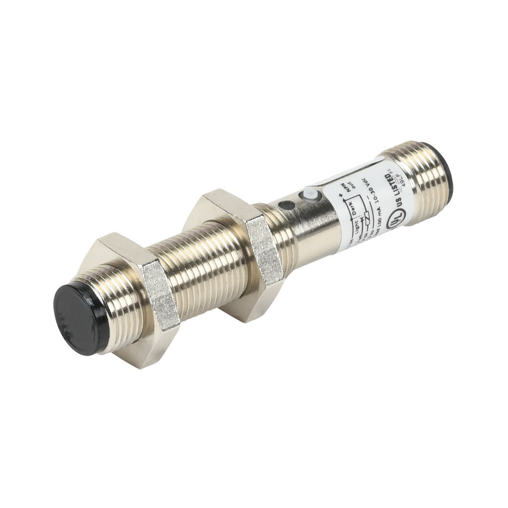AchieVe photoelectric sensor, tubular, threaded, diffuse, infrared, 100mm sensing distance, selectable light-on/dark-on, NPN, 1 kHz switching frequency, teach-in button, metal housing, 4-pin M12 quick-disconnect.-FDM3-0N-1H