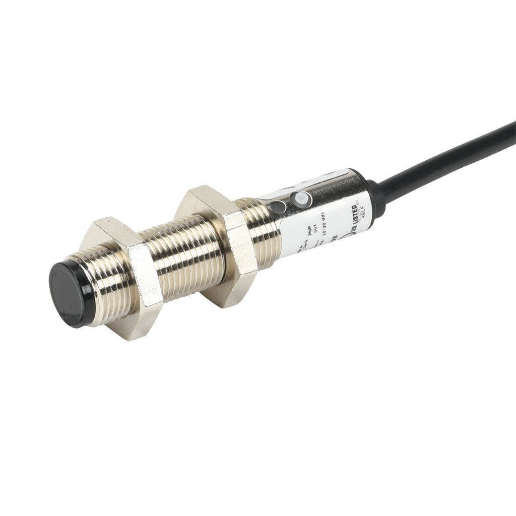 AchieVe photoelectric sensor, tubular, threaded, diffuse, infrared, 100mm sensing distance, selectable light-on/dark-on, PNP, 1 kHz switching frequency, teach-in button, metal housing, pigtail.-FDM3-0P-1A