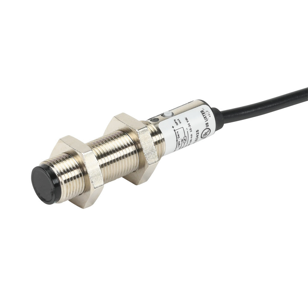 AchieVe photoelectric sensor, tubular, threaded, diffuse, infrared, 300mm sensing distance, selectable light-on/dark-on, NPN, 1 kHz switching frequency, teach-in button, metal housing, pigtail.-FDM7-0N-1A