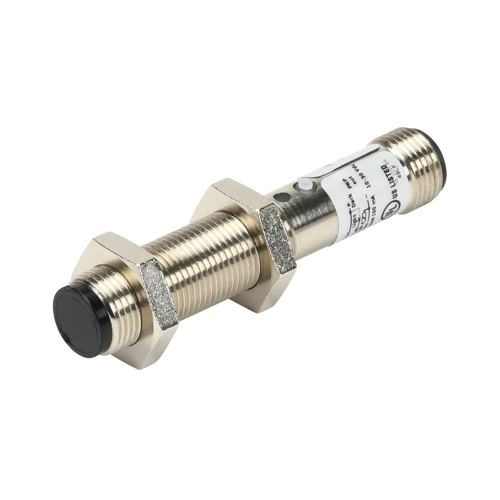 AchieVe photoelectric sensor, tubular, threaded, diffuse, infrared, 300mm sensing distance, selectable light-on/dark-on, PNP, 1 kHz switching frequency, teach-in button, metal housing, 4-pin M12 quick-disconnect.-FDM7-0P-1H