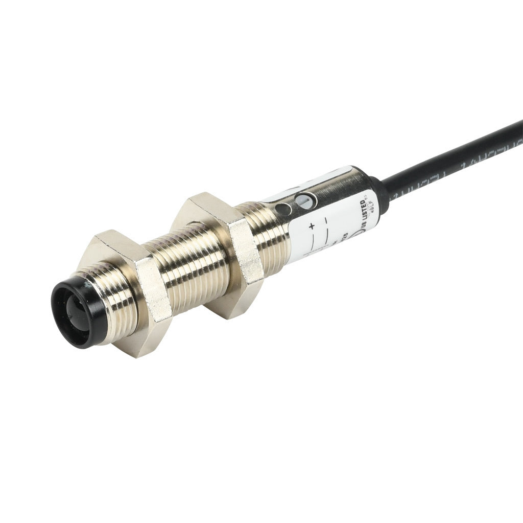AchieVe photoelectric sensor, tubular, threaded, metal housing, through-beam emitter, infrared, 4m sensing distance, 10-30 VDC operating voltage, 3-wire, pigtail.-FDME-00-1A