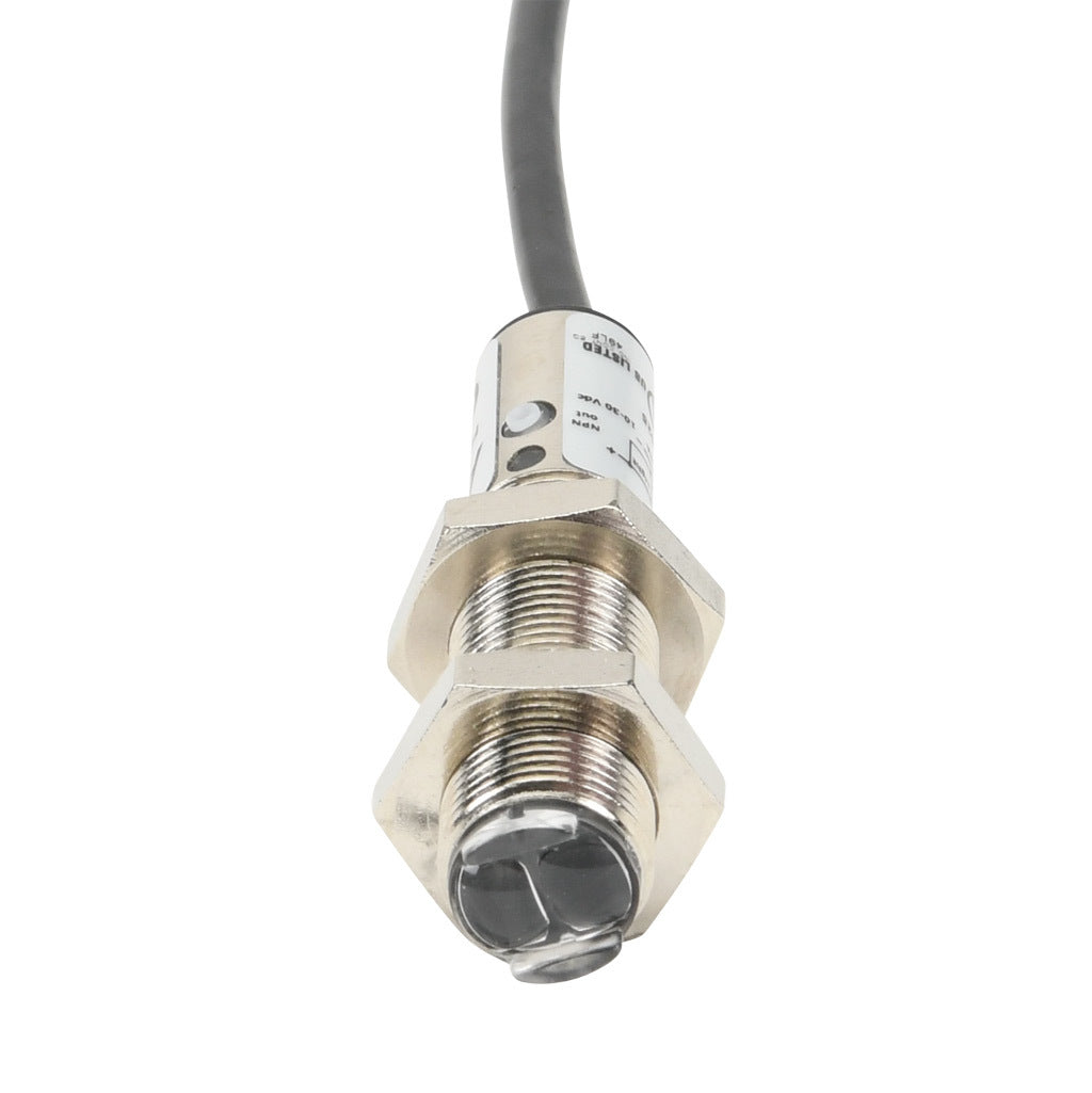 AchieVe photoelectric sensor, tubular, threaded, polarized retroreflective, visible red, 2m sensing distance, selectable light-on/dark-on, NPN, teach-in button, 4-wire, pigtail.-FDMP-0N-1A
