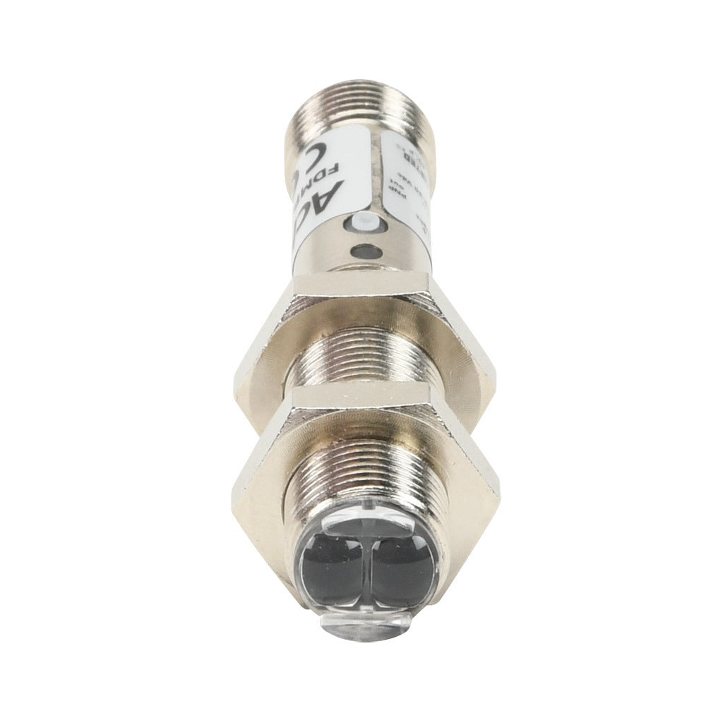 AchieVe photoelectric sensor, tubular, threaded, polarized retroreflective, visible red, 2m sensing distance, selectable light-on/dark-on, PNP, teach-in button, 4-wire, 4-pin M12 quick-disconnect.-FDMP-0P-1H