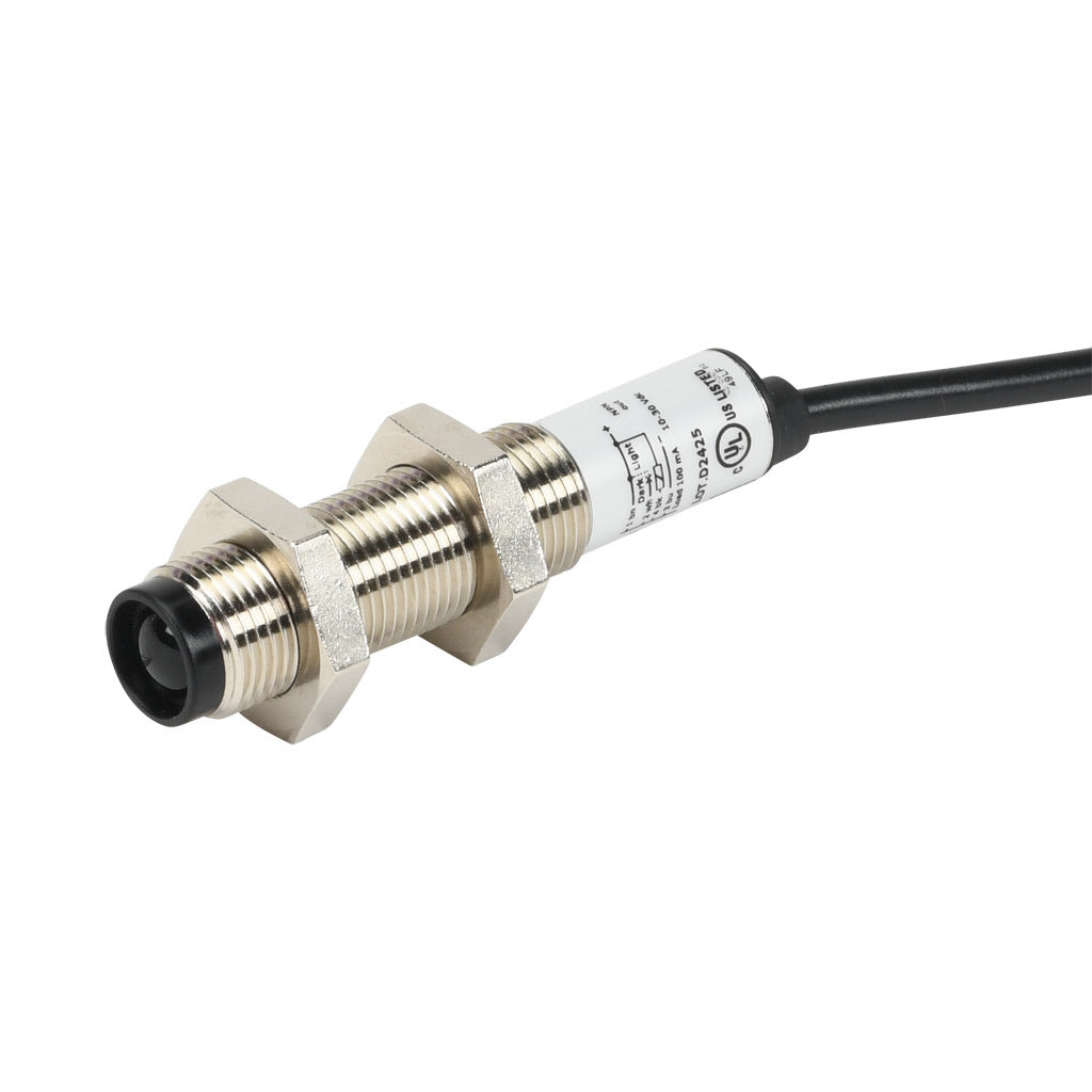 AchieVe photoelectric sensor, tubular, threaded, metal housing, through-beam receiver, 4m sensing distance, 10-30 VDC operating voltage, selectable light-on/dark-on, NPN, 4-wire, pigtail.-FDMR-0N-1A