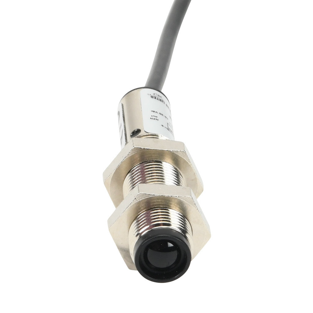 AchieVe photoelectric sensor, tubular, threaded, metal housing, through-beam receiver, 4m sensing distance, 10-30 VDC operating voltage, selectable light-on/dark-on, NPN, 4-wire, pigtail.-FDMR-0N-1A
